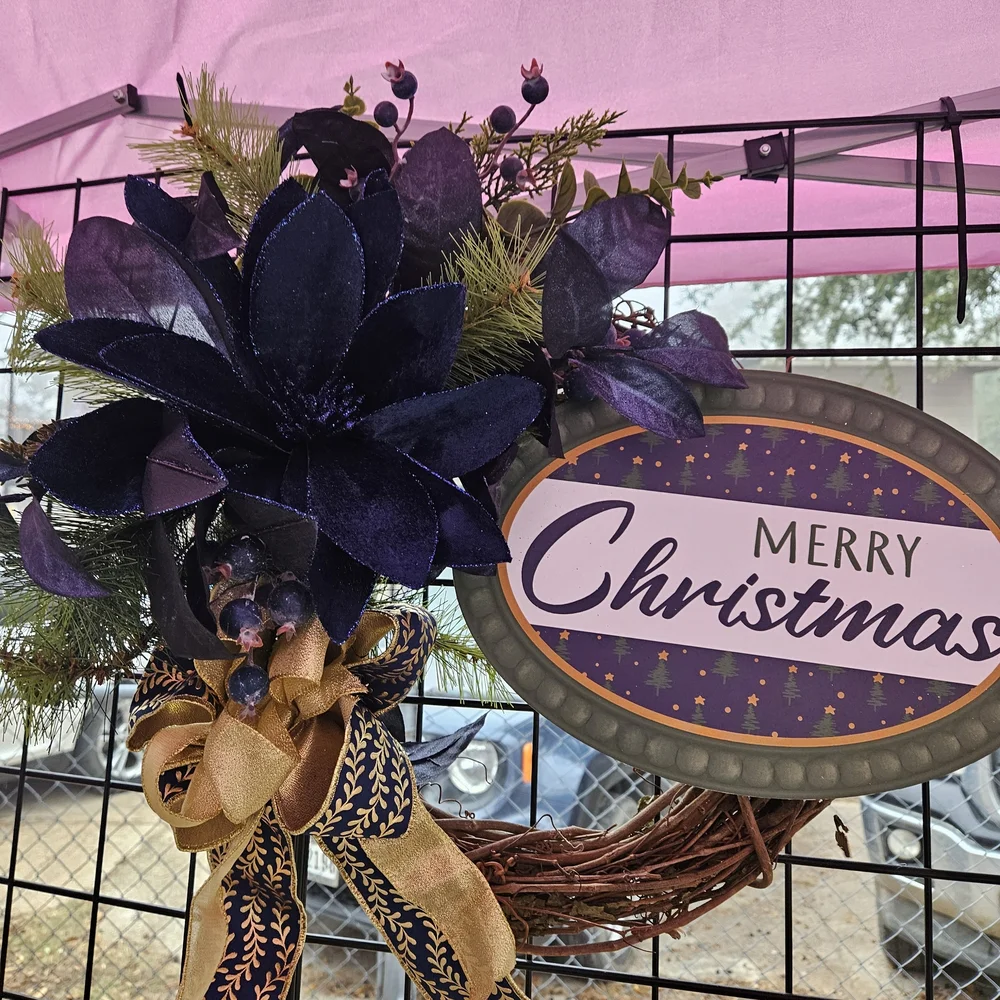 Festive Christmas Wreath with Navy Blue Ponsettias Beautful Gold Accents